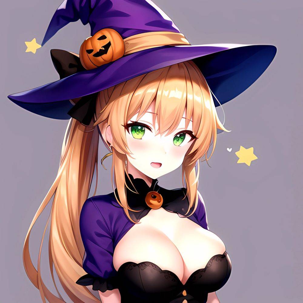 Chinatsu Suzutsuki Kurara 1girl Breasts Brown Hair Green Eyes Halloween Halloween Costume Hat Large Breasts Long Hair Open Mouth, 4124979833 - AIHentai - #main