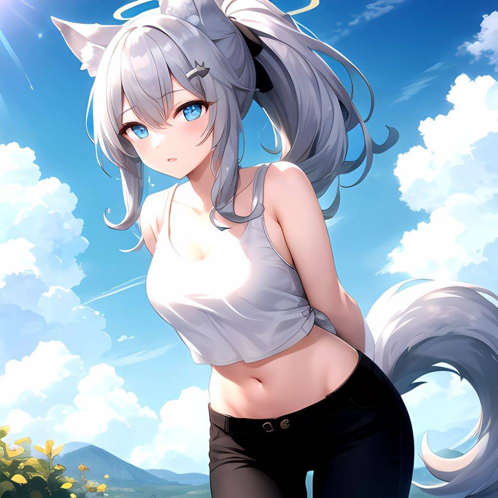 Shiroko Blue Archive 1girl Alternate Costume Animal Ear Fluff Animal Ears Arms Behind Back Black Pants Blue Eyes Blue Sky, 3724028075 - AIHentai - #main