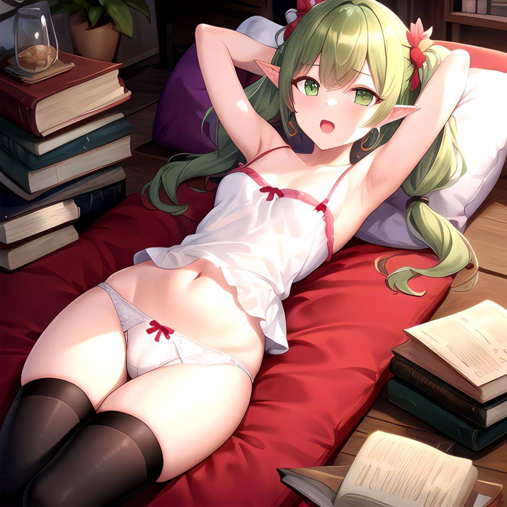 Frieren 1girl Alternate Costume Arms Behind Head Arms Up Armpits Bare Shoulders Book Breasts Brown Thighhighs Camisole Collarbon, 1046100475 - AIHentai - #main
