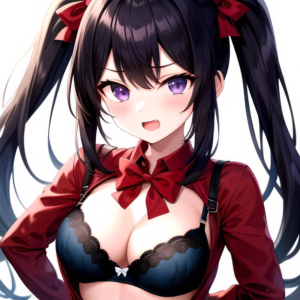 1girl Black Eyes Blue Hair Blush Bow Bowtie Bra Breasts Center Opening Cleavage Collared Shirt Fang Black Bra Hair Intakes, 1354077755 - AIHentai - #main