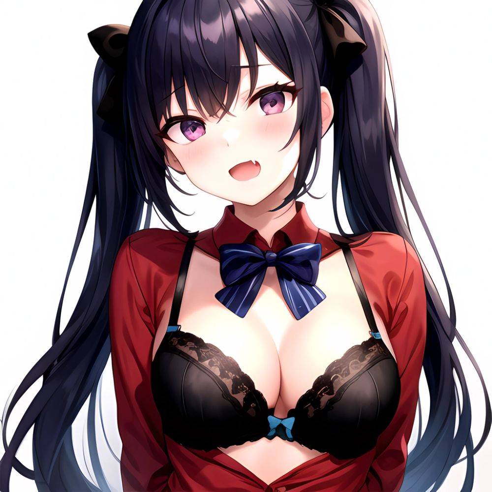 1girl Black Eyes Blue Hair Blush Bow Bowtie Bra Breasts Center Opening Cleavage Collared Shirt Fang Black Bra Hair Intakes, 2082521411 - AIHentai - #main