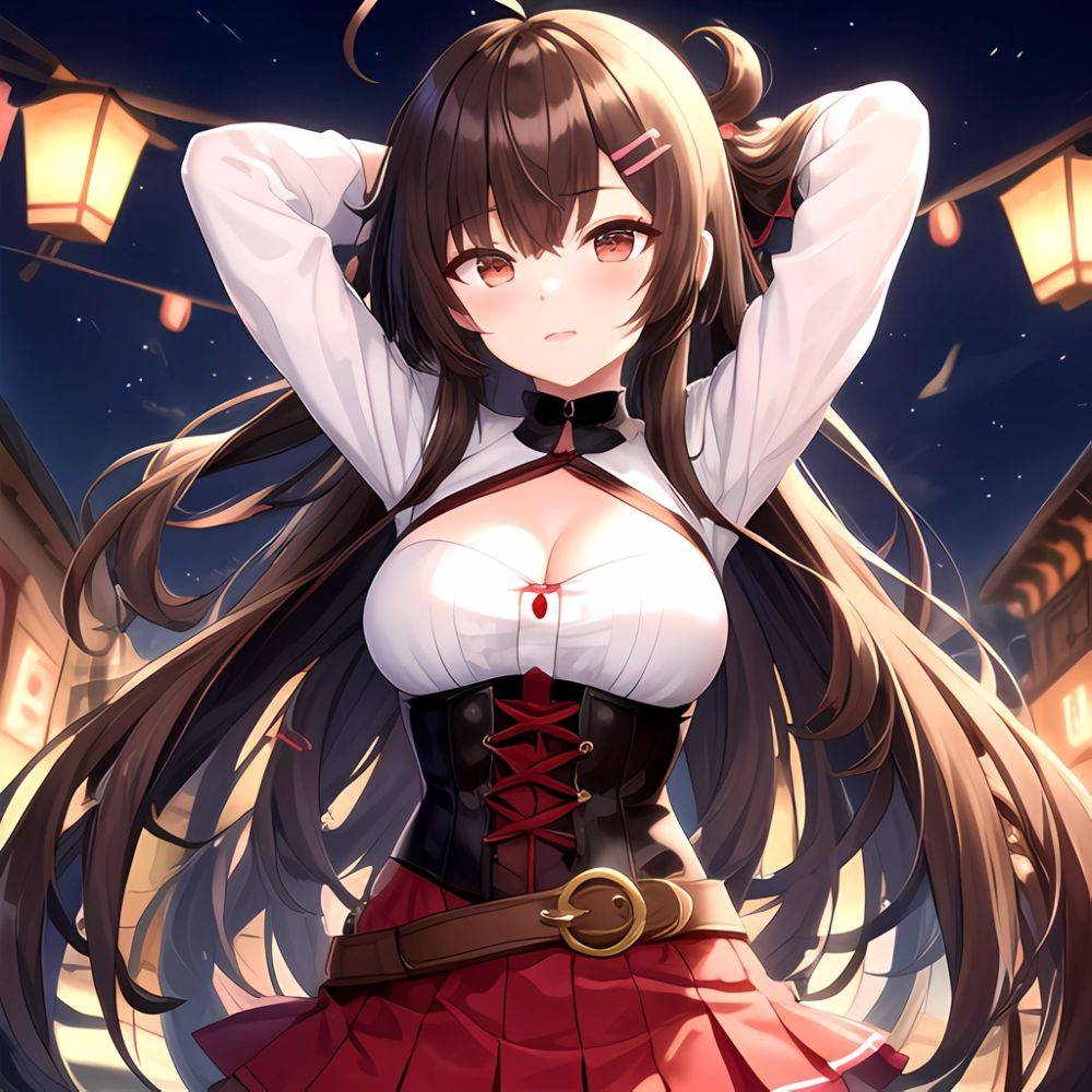 Nanashi Mumei Nanashi Mumei 1st Costume 1girl Ahoge Arms Behind Head Arms Up Belt Brown Corset Brown Eyes Brown Hair, 2554441406 - AIHentai - #main