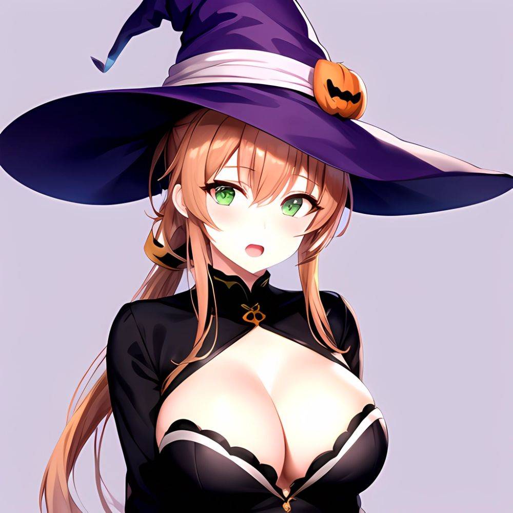 Chinatsu Suzutsuki Kurara 1girl Breasts Brown Hair Green Eyes Halloween Halloween Costume Hat Large Breasts Long Hair Open Mouth, 1933842150 - AIHentai - #main