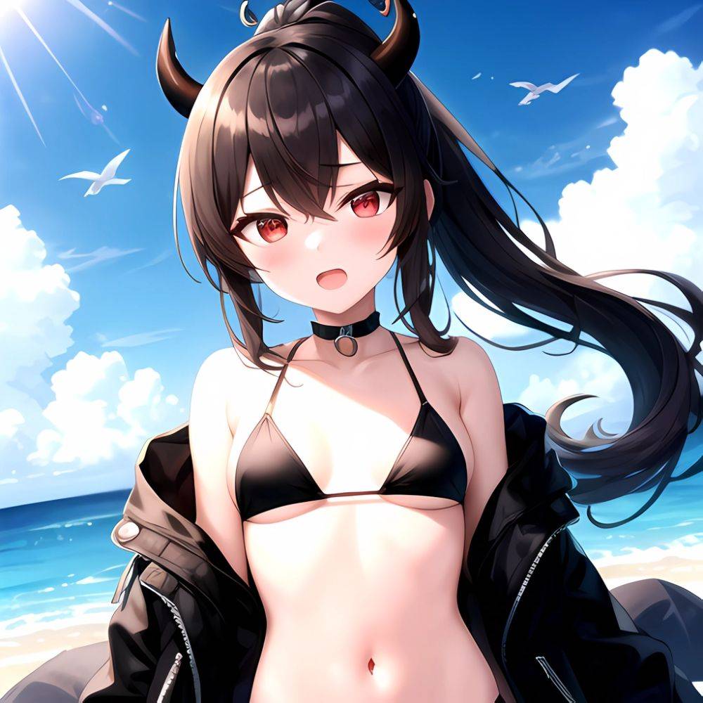 Kayoko Blue Archive 1girl Alternate Costume Bare Shoulders Bikini Black Bikini Black Choker Black Hair Black Horns Black Jacket, 289373988 - AIHentai - #main