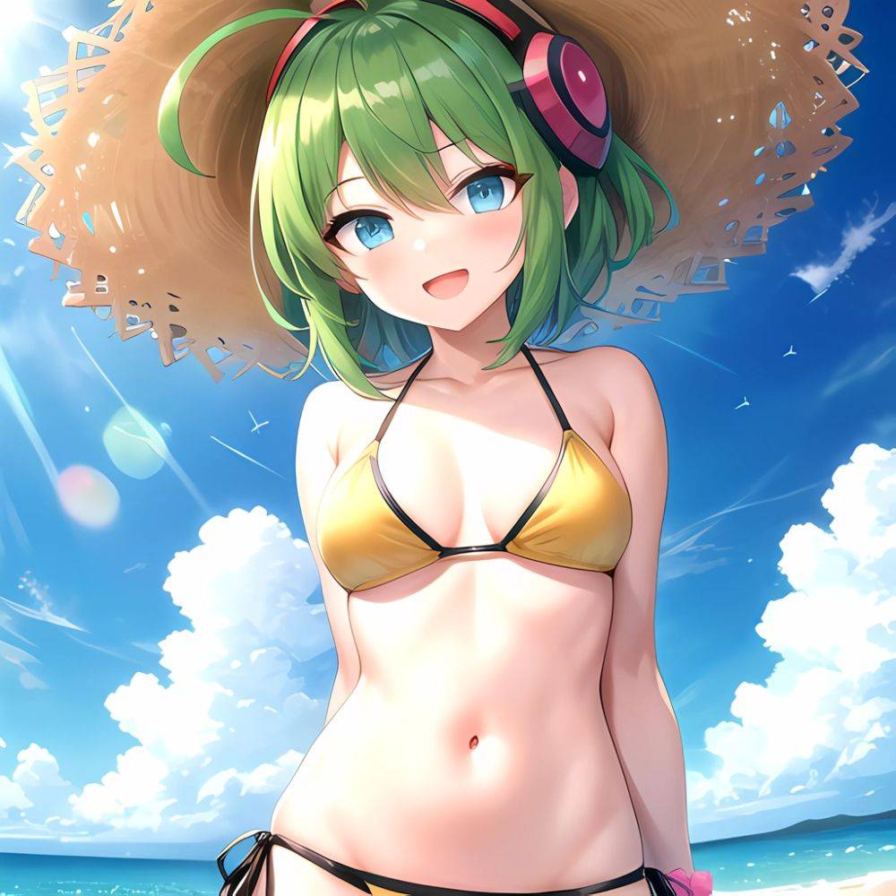 Roro Gunvolt 1girl Ahoge Arms Behind Back Bikini Blue Eyes Breasts Cowboy Shot Green Hair Groin Halterneck Headgear Light Partic, 666632373 - AIHentai - #main