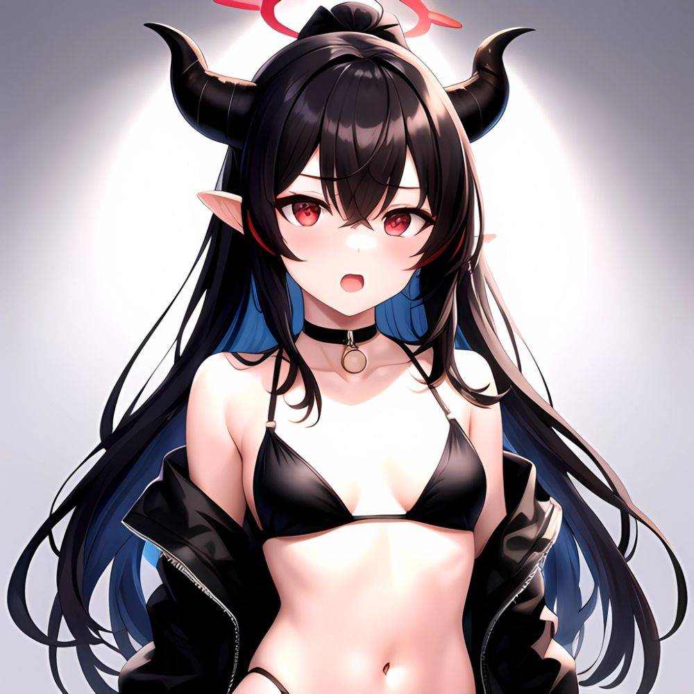 Kayoko Blue Archive 1girl Alternate Costume Bare Shoulders Bikini Black Bikini Black Choker Black Hair Black Horns Black Jacket, 2458357969 - AIHentai - #main