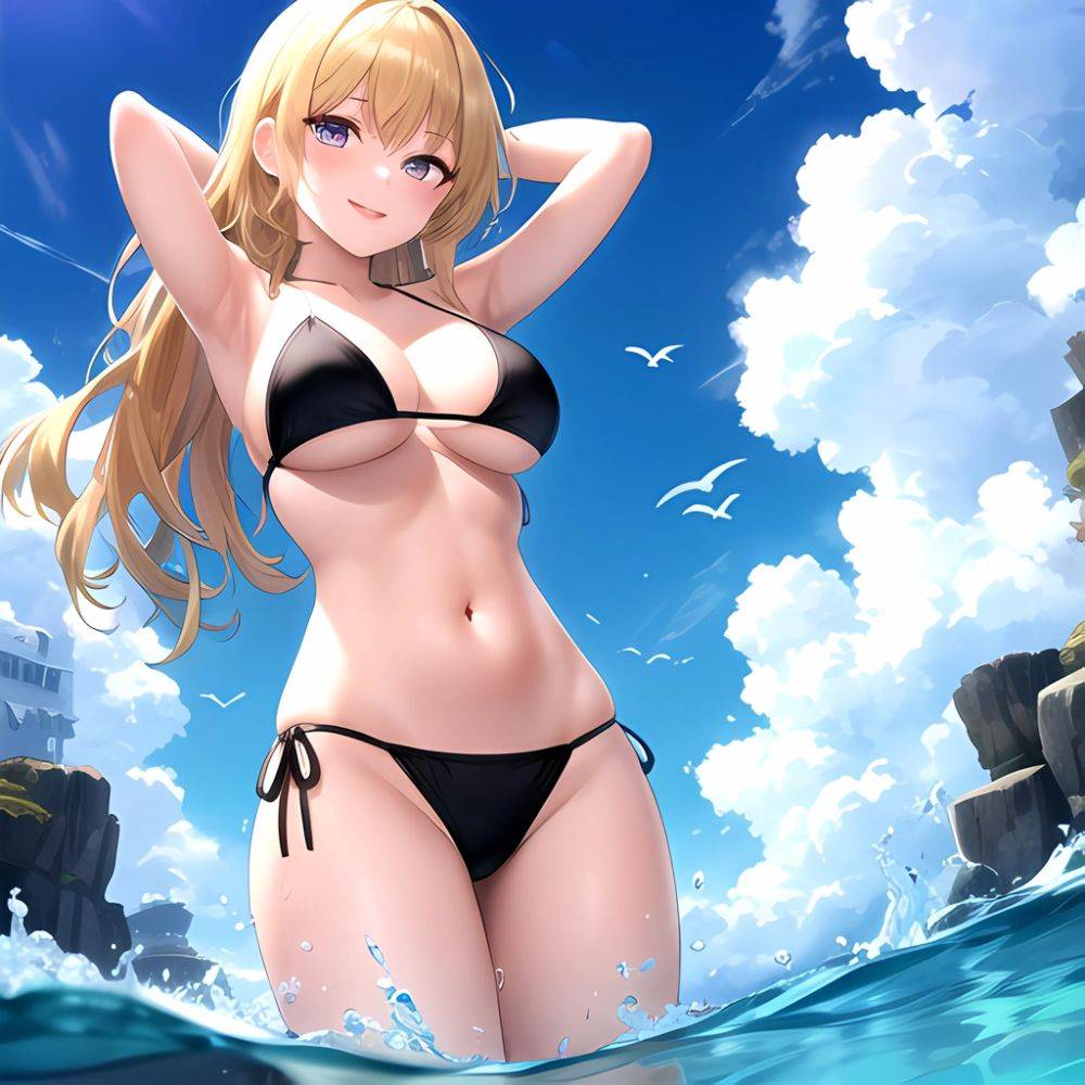 Empress Last Origin 1girl Armpits Arms Behind Head Bikini Bird Black Bikini Blonde Hair Blue Sky Breasts Cloud Gradient Hair, 1634718410 - AIHentai - #main