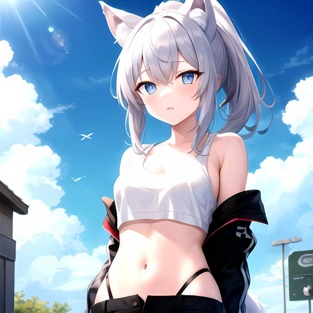 Shiroko Blue Archive 1girl Alternate Costume Animal Ear Fluff Animal Ears Arms Behind Back Black Pants Blue Eyes Blue Sky, 3832236240 - AIHentai - #main