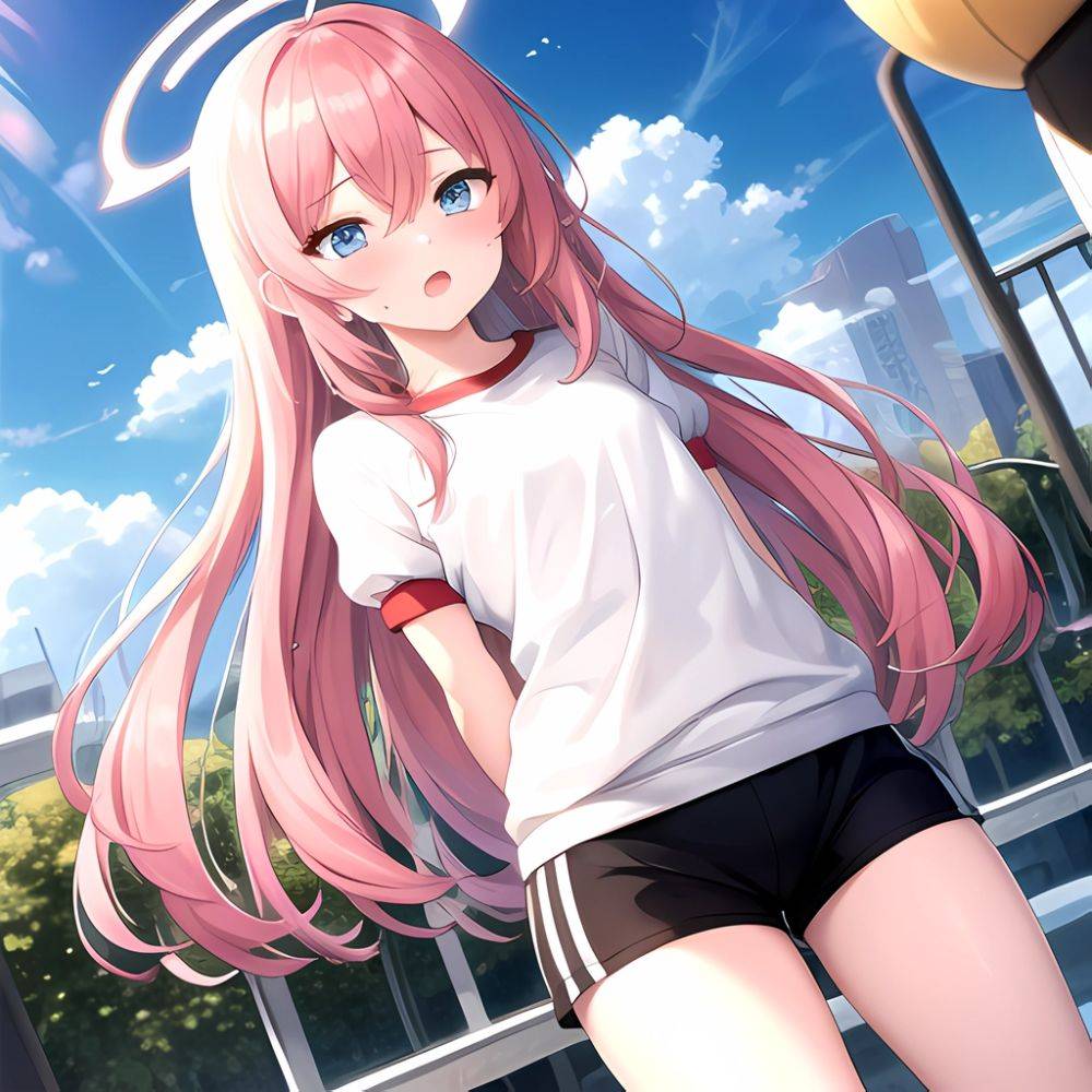 Hoshino Blue Archive 1girl Ahoge Alternate Costume Arms Behind Back Black Shorts Blue Eyes Blush Collarbone Flat Chest Flying Sw, 3037627773 - AIHentai - #main