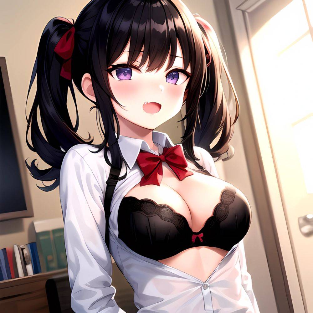 1girl Black Eyes Black Hair Blush Bow Bowtie Bra Breasts Center Opening Cleavage Collared Shirt Fang Grey Bra Hair Intakes, 1929453210 - AIHentai - #main