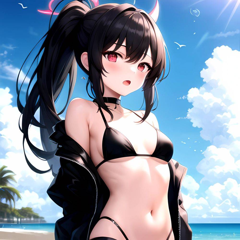 Kayoko Blue Archive 1girl Alternate Costume Bare Shoulders Bikini Black Bikini Black Choker Black Hair Black Horns Black Jacket, 3704719514 - AIHentai - #main