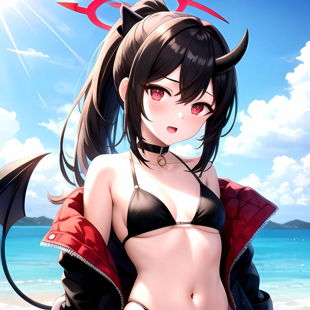 Kayoko Blue Archive 1girl Alternate Costume Bare Shoulders Bikini Black Bikini Black Choker Black Hair Black Horns Black Jacket, 1271032505 - AIHentai - #main