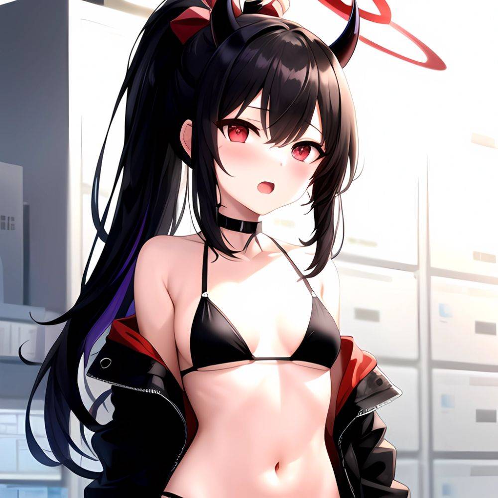 Kayoko Blue Archive 1girl Alternate Costume Bare Shoulders Bikini Black Bikini Black Choker Black Hair Black Horns Black Jacket, 1672166989 - AIHentai - #main