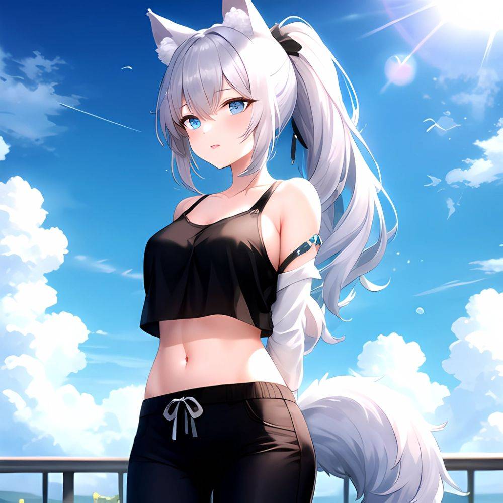 Shiroko Blue Archive 1girl Alternate Costume Animal Ear Fluff Animal Ears Arms Behind Back Black Pants Blue Eyes Blue Sky, 3456616142 - AIHentai - #main