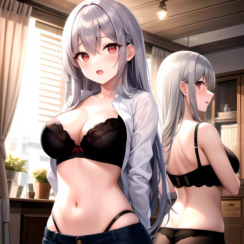 1girl Black Bra Blush Bra Breasts Double Parted Bangs Foreshortening Grey Hair Hair Between Eyes Indoors Large Breasts Long Hair, 1610103712 - AIHentai - #main