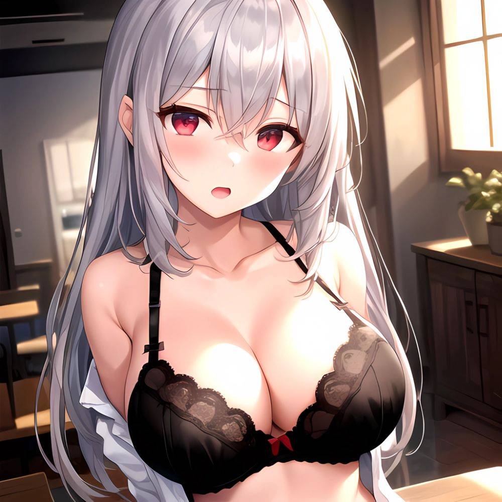 1girl Black Bra Blush Bra Breasts Double Parted Bangs Foreshortening Grey Hair Hair Between Eyes Indoors Large Breasts Long Hair, 2056167397 - AIHentai - #main