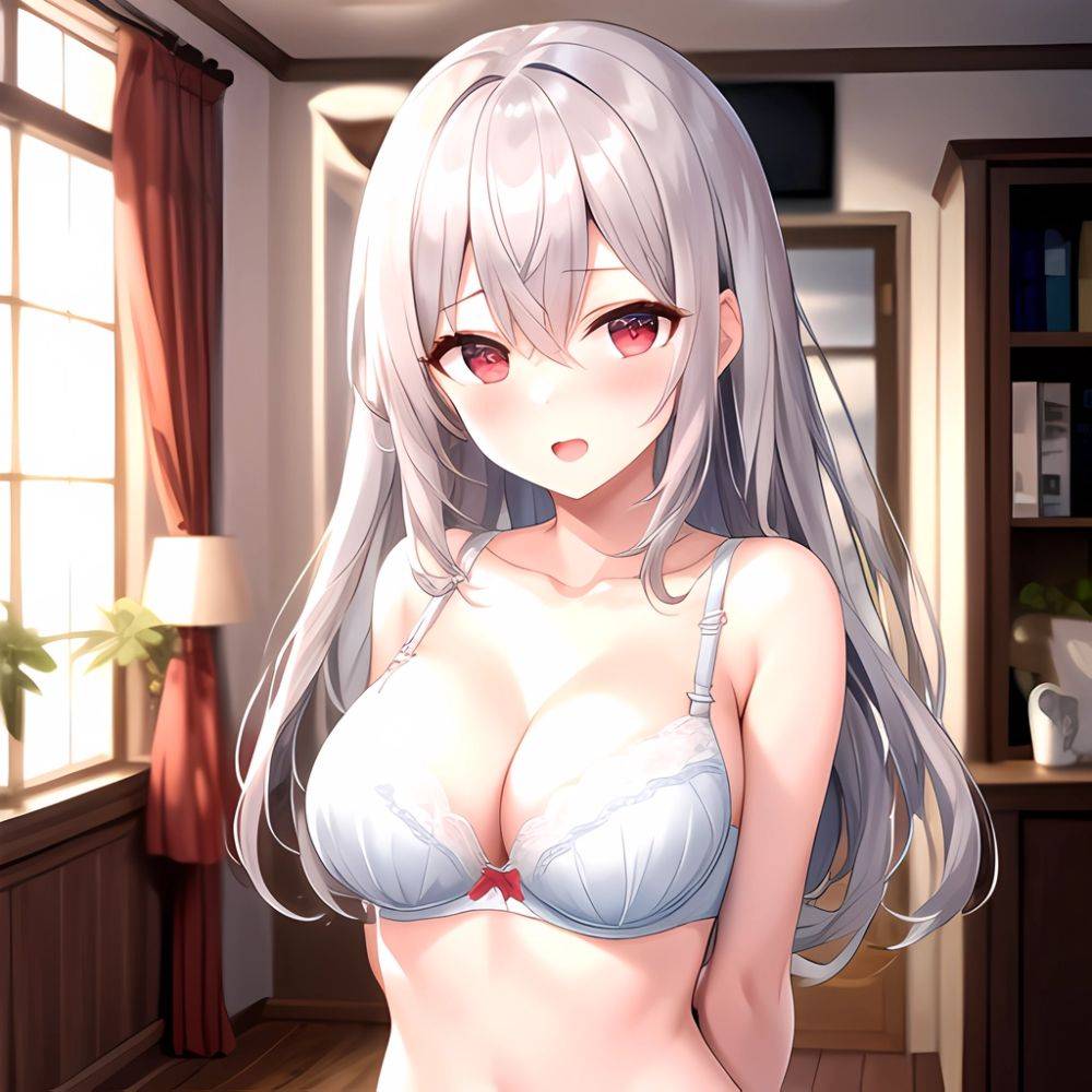 1girl White Bra Blush Bra Breasts Double Parted Bangs Grey Hair Hair Between Eyes Indoors Large Breasts Long Hair Looking, 4081557420 - AIHentai - #main