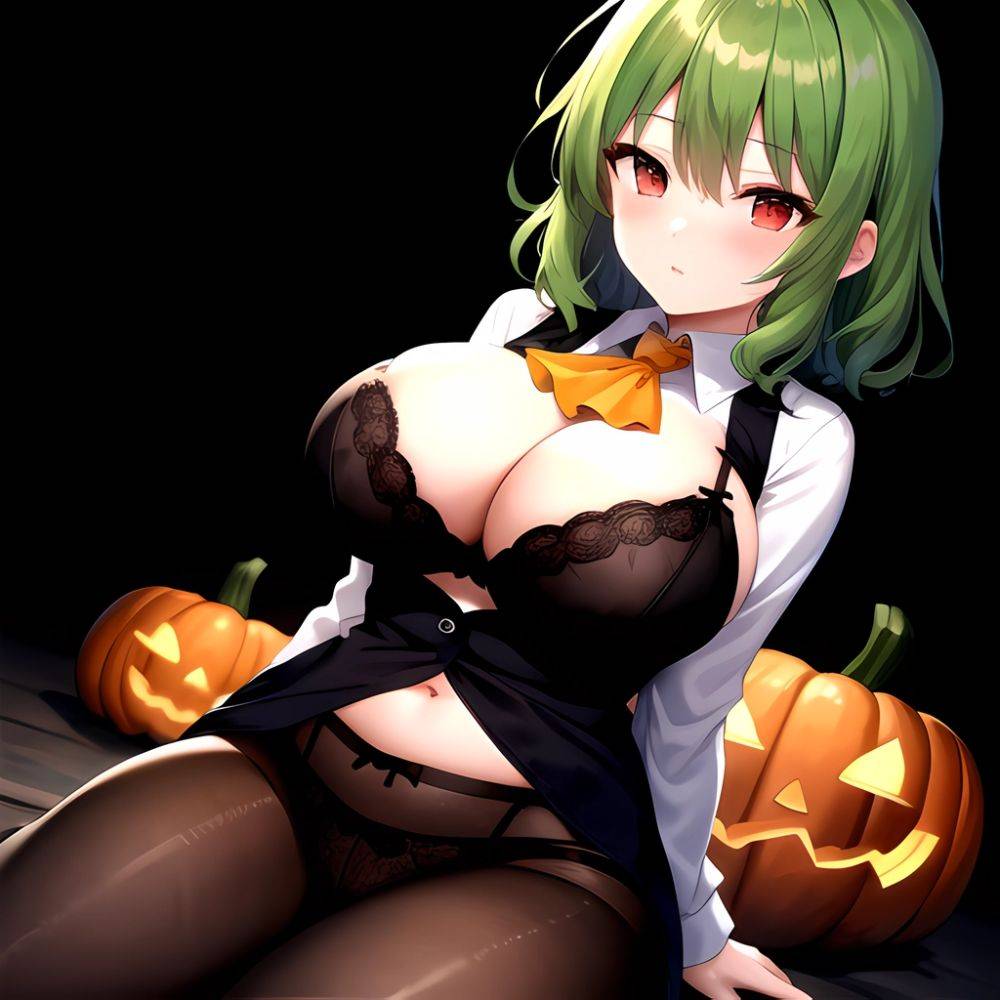 Pumpkins Halloween Kazami Yuuka 1girl Arms Behind Back Ascot Black Background Black Bra Black Panties Black Pantyhose Bra Breast, 2053772994 - AIHentai - #main