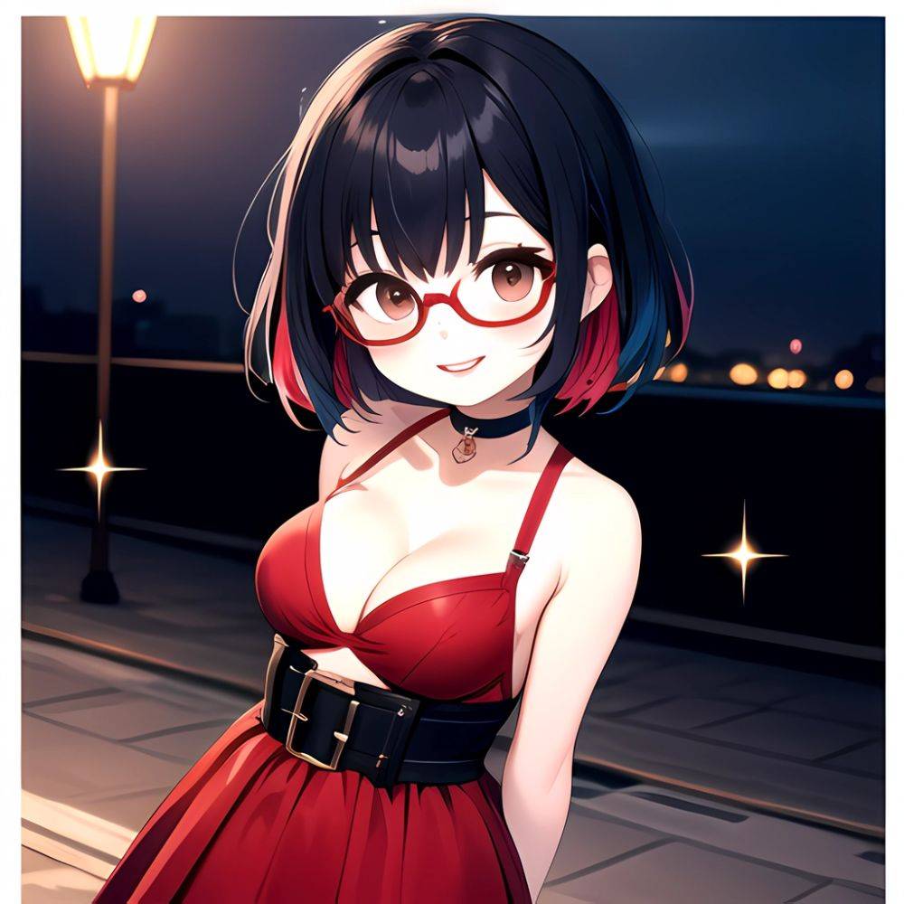 Kson 1girl Black Hair Blue Hair Breasts Brown Eyes Choker Cleavage Collarbone Dress Glasses Gradient Hair Head Tilt Looking At, 2518641693 - AIHentai - #main