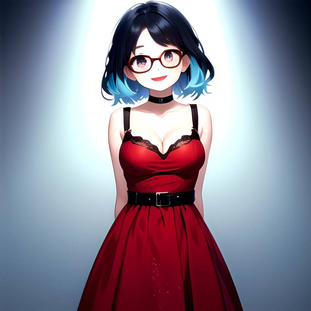 Kson 1girl Black Hair Blue Hair Breasts Brown Eyes Choker Cleavage Collarbone Dress Glasses Gradient Hair Head Tilt Looking At, 2791047295 - AIHentai - #main