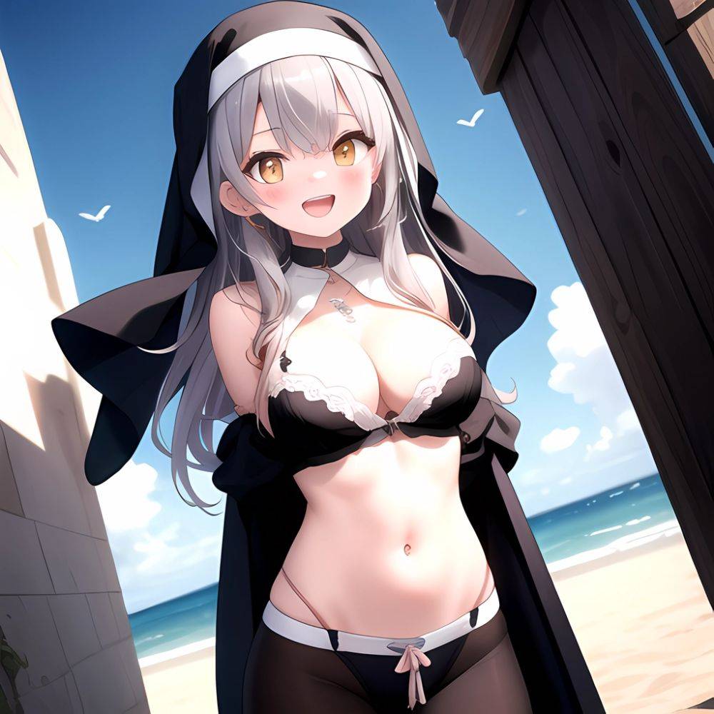 1girl D Black Headwear Black Nails Blonde Hair Blush Breasts Cleavage Grey Hair Large Breasts Long Hair Multicolored Hair Nail, 4192842361 - AIHentai - #main