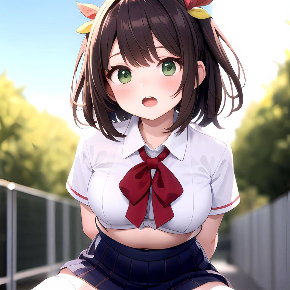 Breasts Cowgirl Position School Uniform Spread Legs Thighhighs Chieru Princess Connect 1girl Blurry Blurry Background Green Eyes, 805217196 - AIHentai - #main