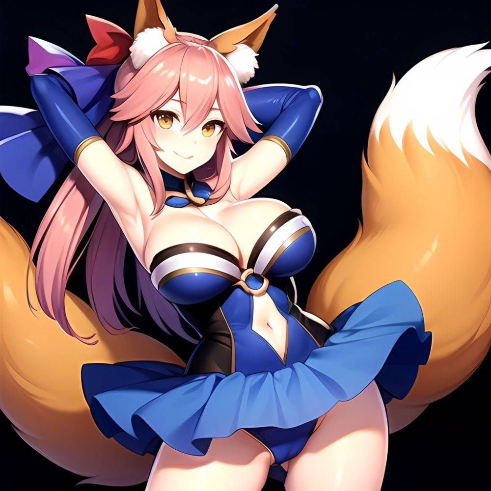 Tamamo Fate Tamamo No Mae Fate Extra 1girl Animal Ear Fluff Animal Ears Arms Up Bare Shoulders Blue Dress Blue, 736188328 - AIHentai - #main