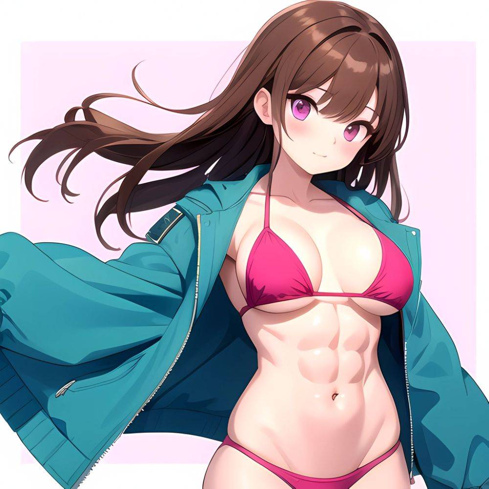 1girl Abs Bikini Breasts Brown Hair Colored Skin Jacket Large Breasts Muscular Muscular Female Pink Eyes Solo Swimsuit White Bac, 2146408265 - AIHentai - #main