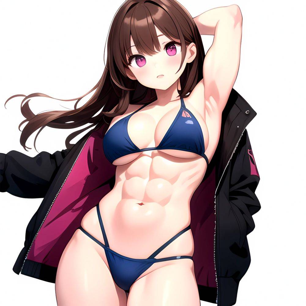 1girl Abs Bikini Breasts Brown Hair Colored Skin Jacket Large Breasts Muscular Muscular Female Pink Eyes Solo Swimsuit White Bac, 1752847469 - AIHentai - #main
