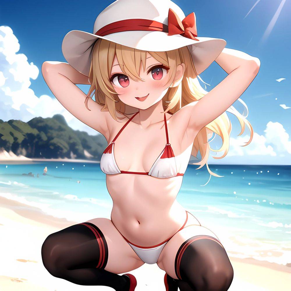 Armpits Bikini Breasts Red Eyes Red Thighhighs Small Breasts Thick Thighs White Bikini Flandre Scarlet 1girl P Blonde Hair Blush, 1398536751 - AIHentai - #main
