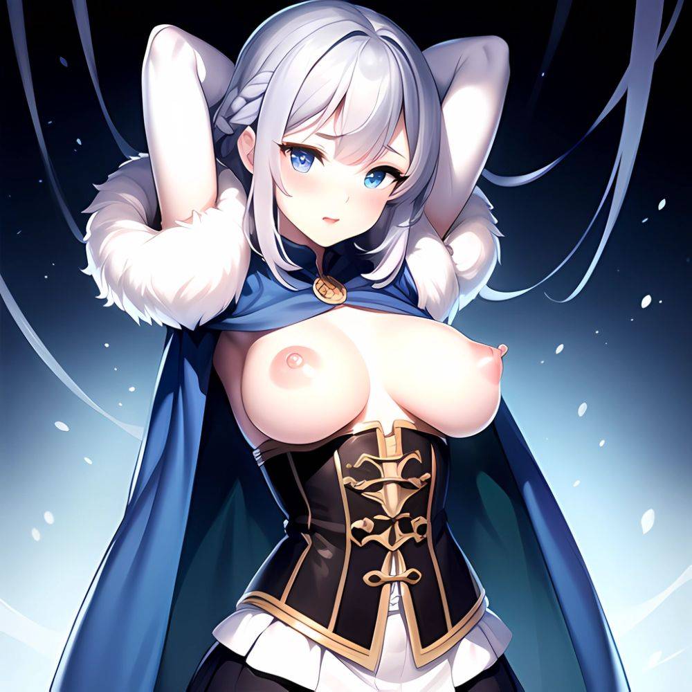 Akershus Fortress Oshiro Project 1girl Badge Blue Cape Blue Cloak Blue Eyes Blush Braid Breasts Cape Cloak Corset Fluff Fur, 2306793214 - AIHentai - #main
