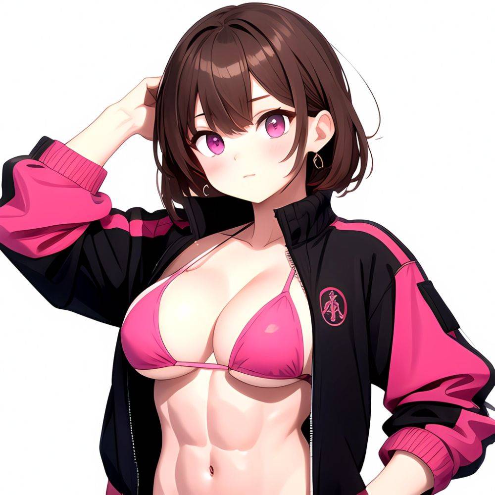 1girl Abs Bikini Breasts Brown Hair Colored Skin Jacket Large Breasts Muscular Muscular Female Pink Eyes Solo Swimsuit White Bac, 3989112814 - AIHentai - #main