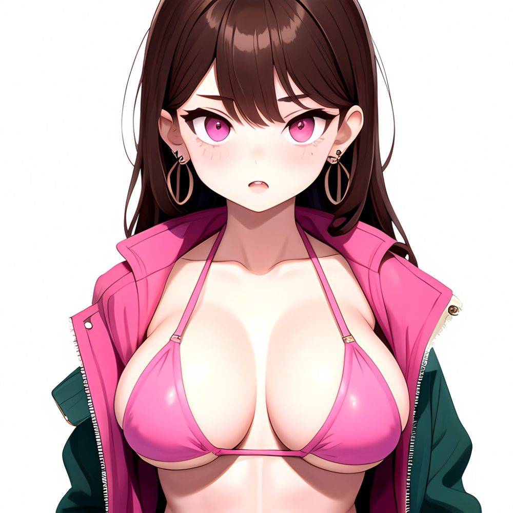 1girl Abs Bikini Breasts Brown Hair Colored Skin Earrings Jacket Jewelry Large Breasts Muscular Muscular Female Nose Piercing No, 2163510493 - AIHentai - #main