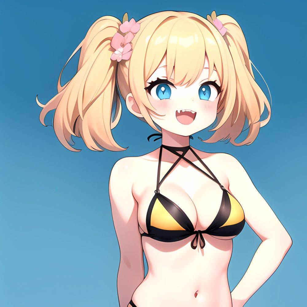Pine Bombergirl 1girl 3 Aqua Hair Bare Shoulders Bikini Blonde Hair Blue Eyes Blue Hair Blue Trim Blush Breasts Cleavage, 3791131297 - AIHentai - #main