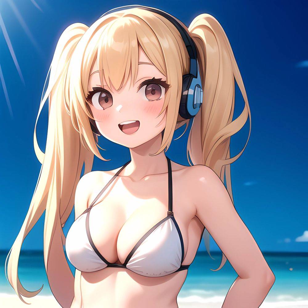 Super Pochaco 1girl Arms Behind Back Bare Shoulders Bikini Blonde Hair Blush Breasts Brown Eyes Cleavage Cowboy Shot Dark Skinne, 1857471627 - AIHentai - #main