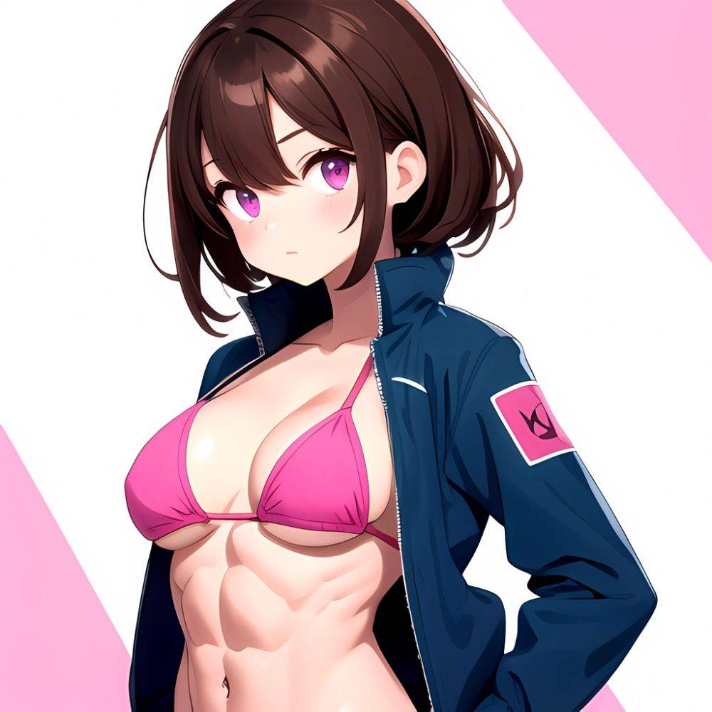 1girl Abs Bikini Breasts Brown Hair Colored Skin Jacket Large Breasts Muscular Muscular Female Pink Eyes Solo Swimsuit White Bac, 2787343619 - AIHentai - #main