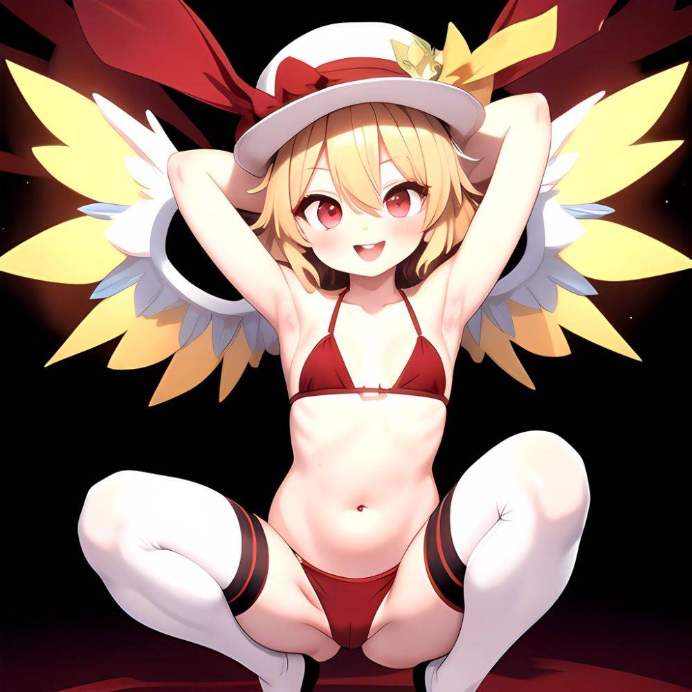 Armpits Bikini Breasts Red Eyes Red Thighhighs Small Breasts Thick Thighs White Bikini Flandre Scarlet 1girl P Blonde Hair Blush, 2594014813 - AIHentai - #main