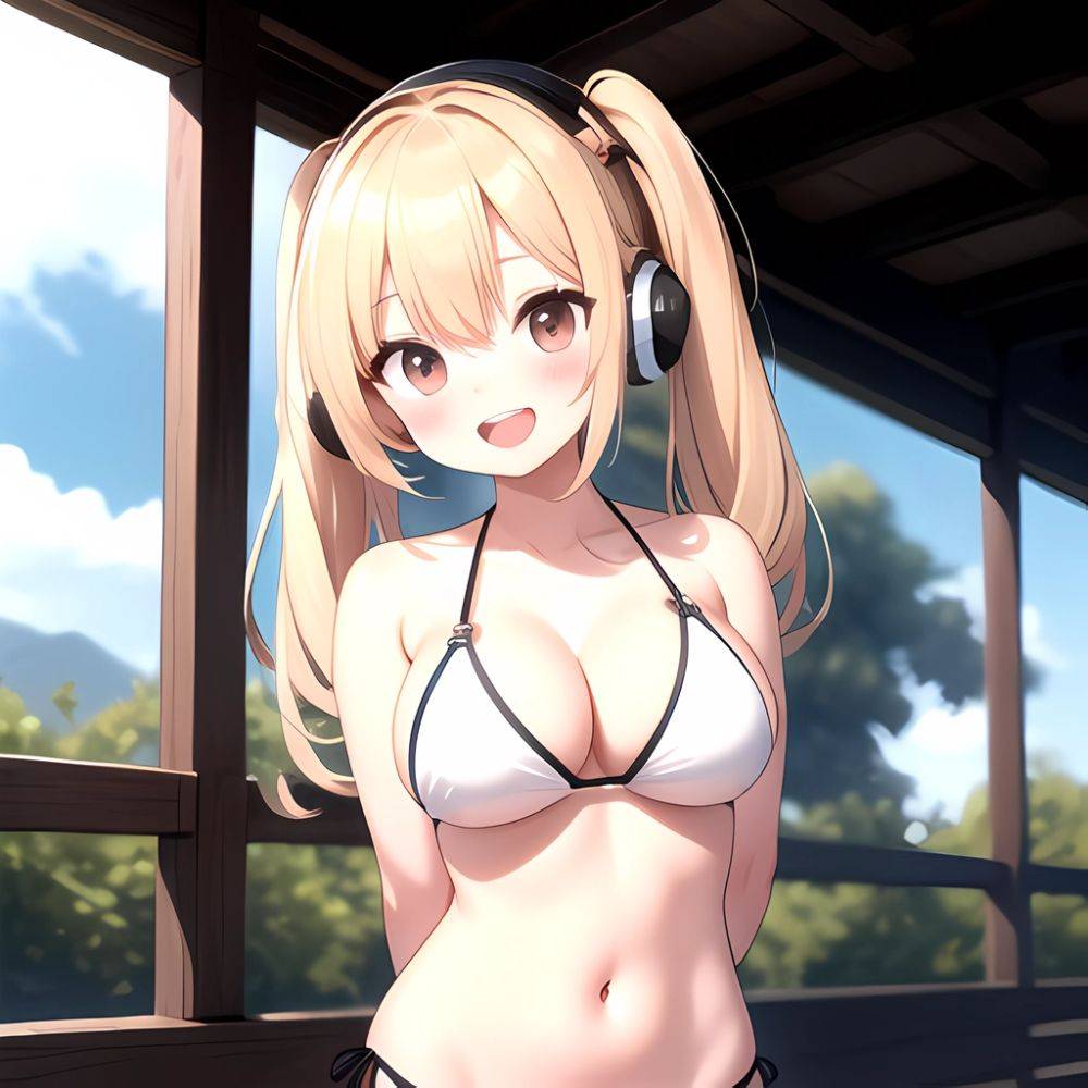 Super Pochaco 1girl Arms Behind Back Bare Shoulders Bikini Blonde Hair Blush Breasts Brown Eyes Cleavage Cowboy Shot Dark Skinne, 3102456911 - AIHentai - #main