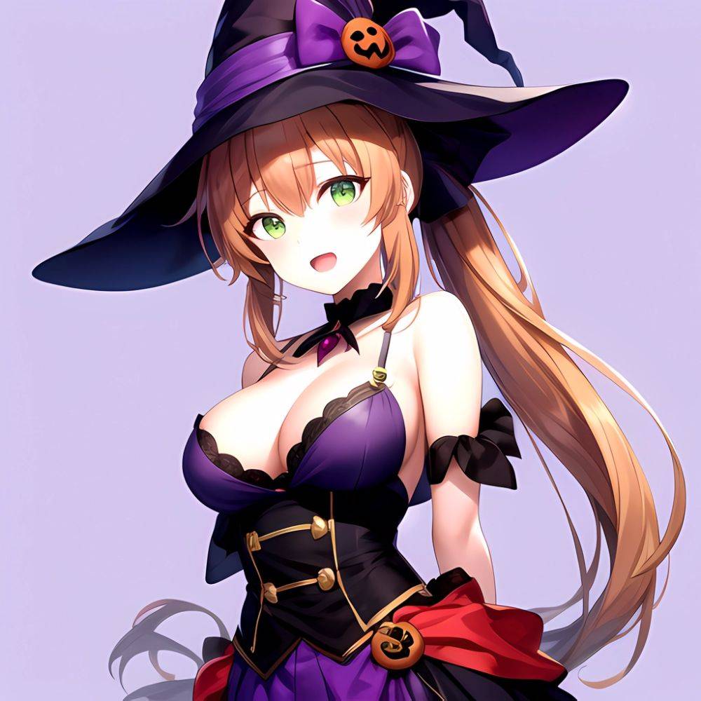 Chinatsu Suzutsuki Kurara 1girl Breasts Brown Hair Green Eyes Halloween Halloween Costume Hat Large Breasts Long Hair Open Mouth, 978078769 - AIHentai - #main