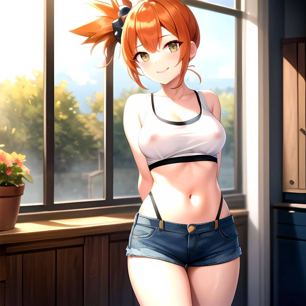 Misty Pokemon 1girl Blue Panties Breasts Denim Denim Shorts Head Tilt Heart Medium Breasts Navel Nipples No Bra Orange Hair, 2502957039 - AIHentai - #main