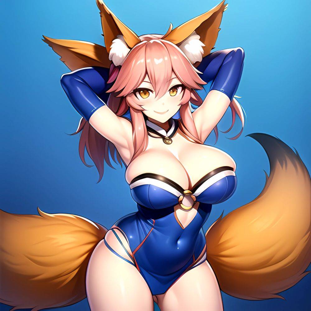 Tamamo Fate Tamamo No Mae Fate Extra 1girl Animal Ear Fluff Animal Ears Arms Up Bare Shoulders Blue Dress Blue, 1357354053 - AIHentai - #main