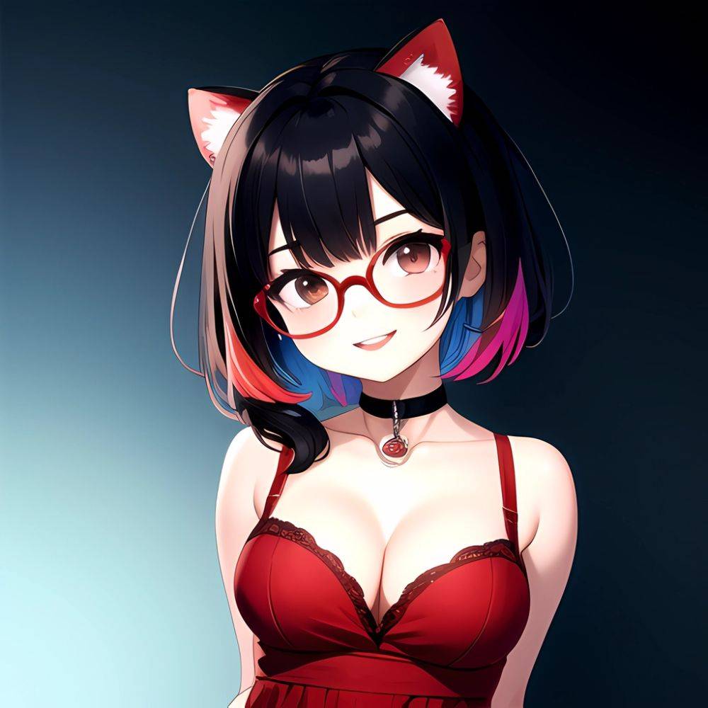Kson 1girl Black Hair Blue Hair Breasts Brown Eyes Choker Cleavage Collarbone Dress Glasses Gradient Hair Head Tilt Looking At, 3043689164 - AIHentai - #main