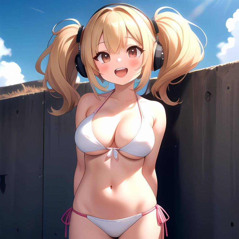 Super Pochaco 1girl Arms Behind Back Bare Shoulders Bikini Blonde Hair Blush Breasts Brown Eyes Cleavage Cowboy Shot Dark Skinne, 1708685291 - AIHentai - #main