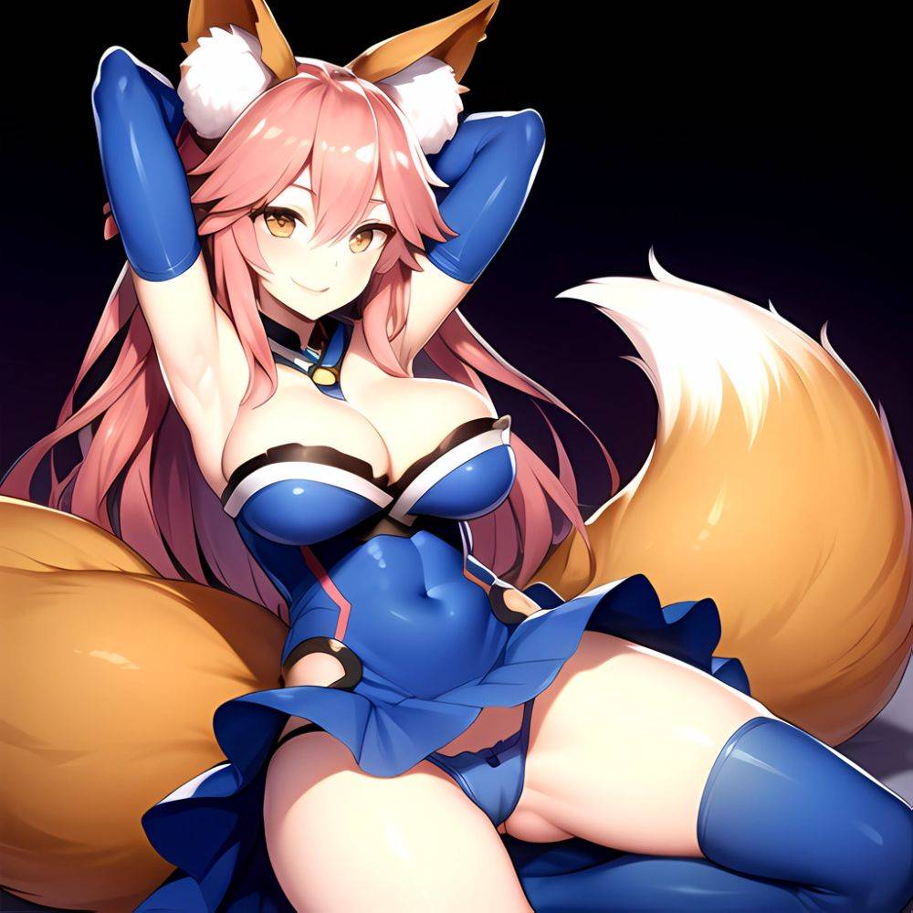 Tamamo Fate Tamamo No Mae Fate Extra 1girl Animal Ear Fluff Animal Ears Arms Up Bare Shoulders Blue Dress Blue, 2805106235 - AIHentai - #main