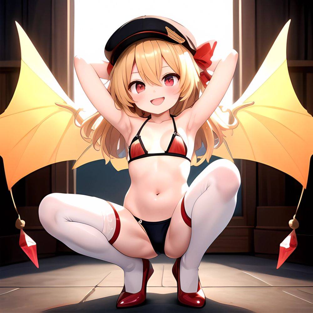 Breasts Red Eyes Red Thighhighs Small Breasts Thick Thighs White Bikini Flandre Scarlet 1girl P Armpits Bikini Blonde Hair Blush, 2828619483 - AIHentai - #main