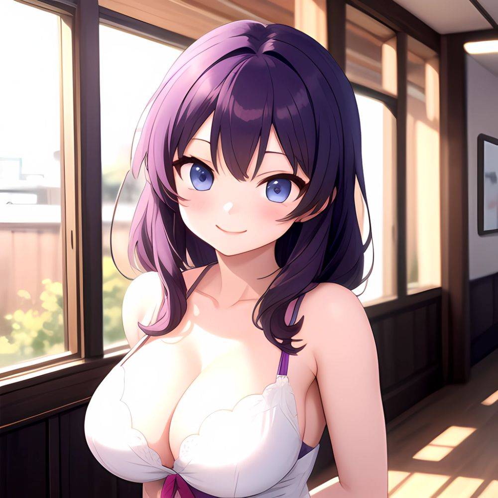 Yumi Senran Kagura 1girl Blue Eyes Breasts Cleavage Large Breasts Looking At Viewer Medium Breasts Paizuri Purple Hair Smile Upp, 2561966115 - AIHentai - #main