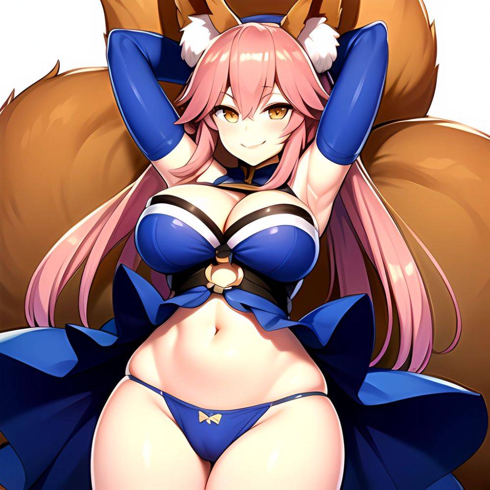 Tamamo Fate Tamamo No Mae Fate Extra 1girl Animal Ear Fluff Animal Ears Arms Up Bare Shoulders Blue Dress Blue, 3467859812 - AIHentai - #main