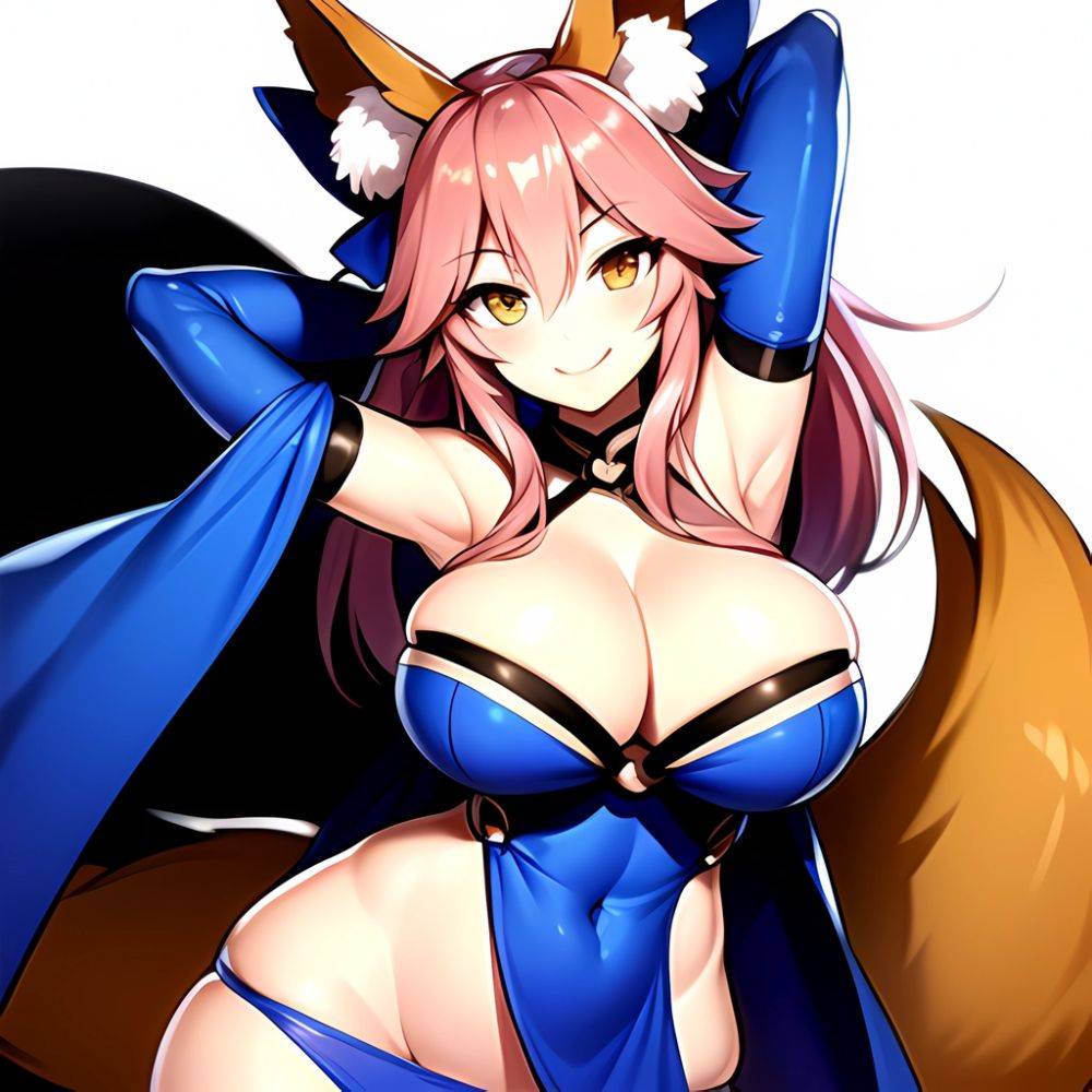 Tamamo Fate Tamamo No Mae Fate Extra 1girl Animal Ear Fluff Animal Ears Arms Up Bare Shoulders Blue Dress Blue, 2253808984 - AIHentai - #main