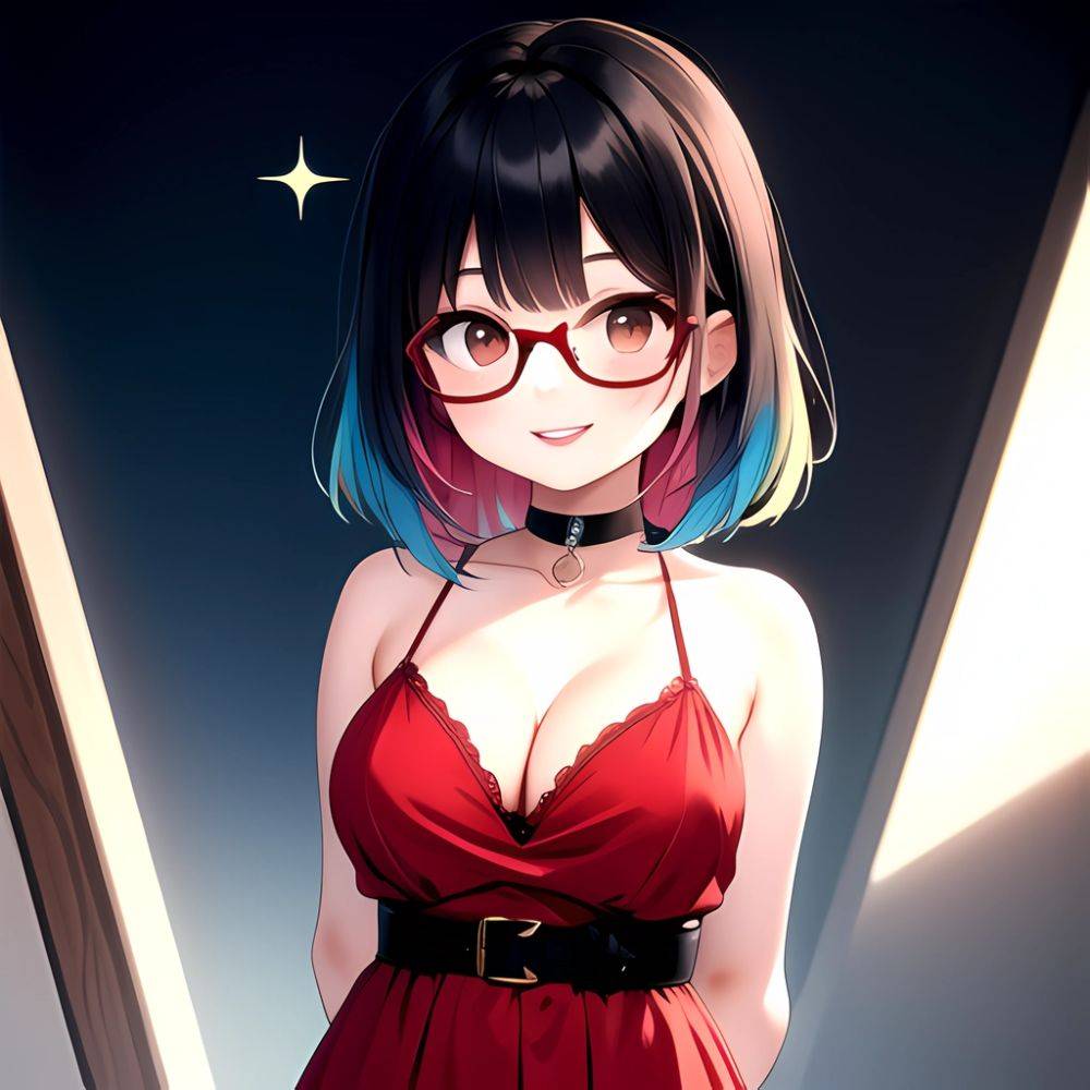 Kson 1girl Black Hair Blue Hair Breasts Brown Eyes Choker Cleavage Collarbone Dress Glasses Gradient Hair Head Tilt Looking At, 2835580872 - AIHentai - #main