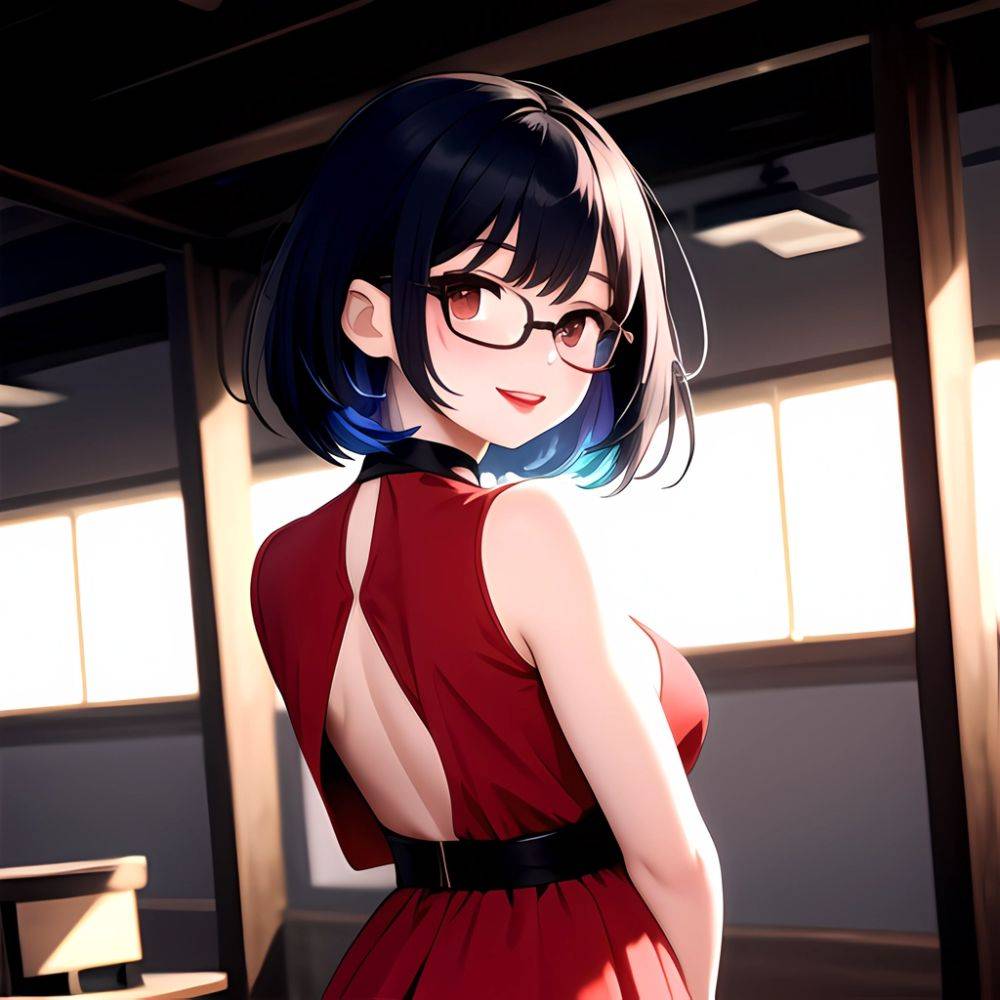 Kson 1girl Black Hair Blue Hair Breasts Brown Eyes Choker Cleavage Collarbone Dress Glasses Gradient Hair Head Tilt Looking At, 4275345820 - AIHentai - #main